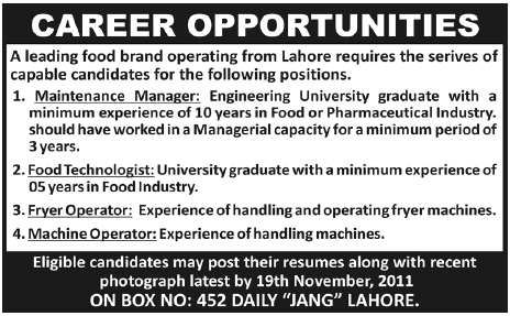 Manager and Operators Required by a Food Brand Operating in Lahore
