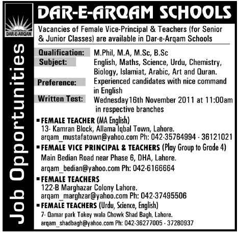 DAR-E-ARQAM Schools Job Opportunities