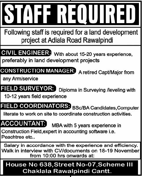 Staff Required for Land Development Project in Rawalpindi