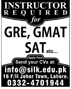 Instructor (GRE, GMAT, SAT) Required in Lahore