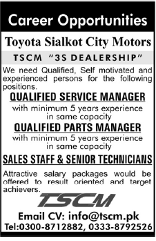 Toyota Sialkot City Motors Required Staff