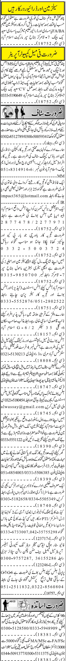 Misc. Jobs in Rawalpindi Jang Classified