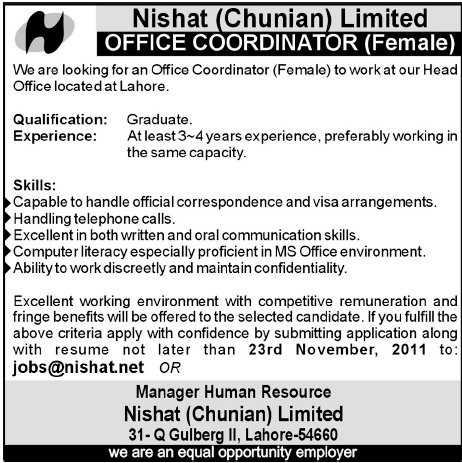 Nishat (Chunian) Limited Required Office Coordinator (Female)