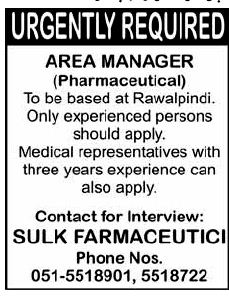 Area Manager Required by Sulk Pharmaceutical Company in Rawalpindi