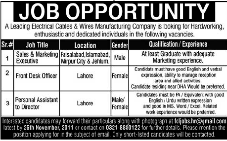 Electrical Cables & Wires Manufacturing Company Required Staff