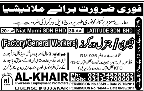 Factory/General Workers Required for Malaysia