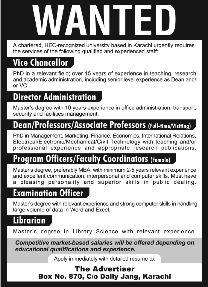 HEC Recognized University Based in Karachi Required Professionals