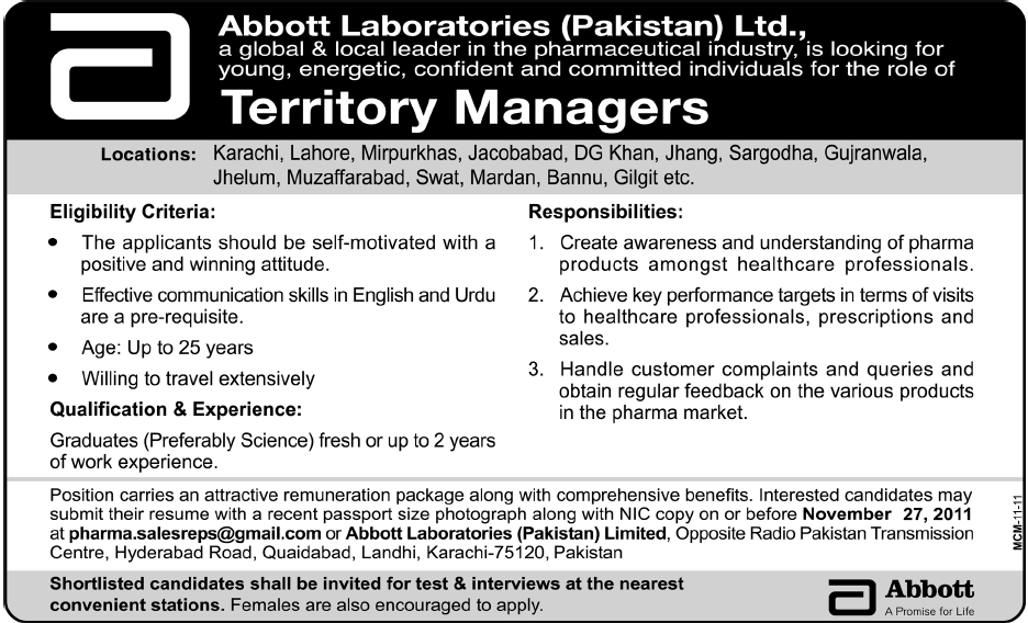 Abbott Laboratories Pakistan Ltd Required Territory Managers