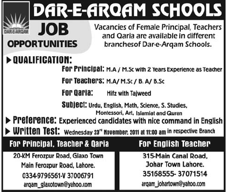 DAR-E-ARQAM Schools Job Opportunities