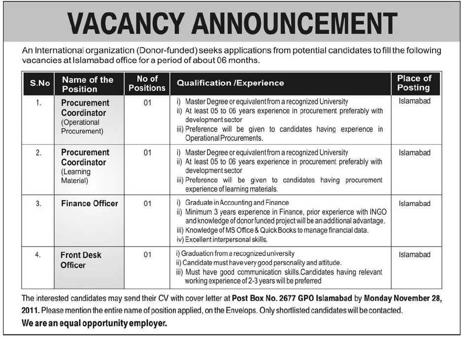 International Organization (Donor-Funded), Job Opportunities