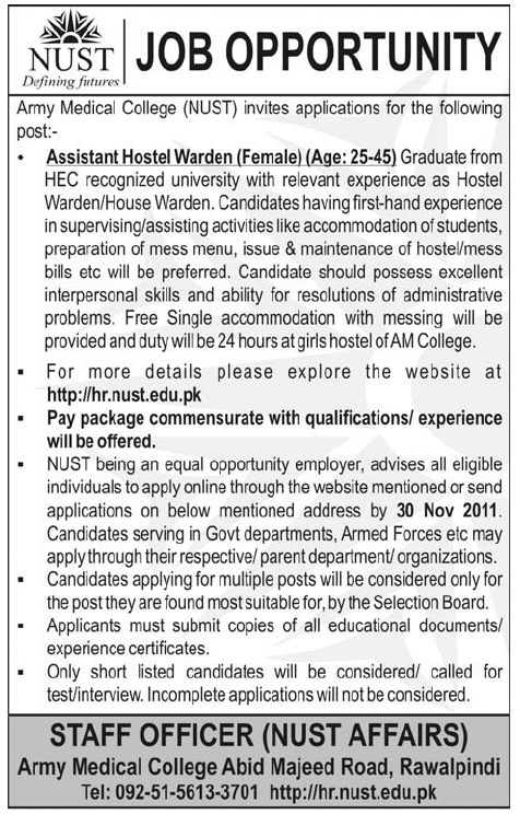 NUST Required the Services of Assistant Hostel Warden (Female)