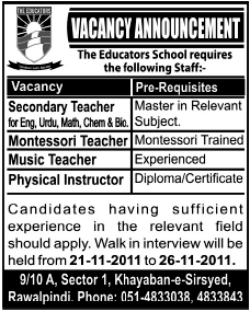 The Educators School, Rawalpindi Required Staff