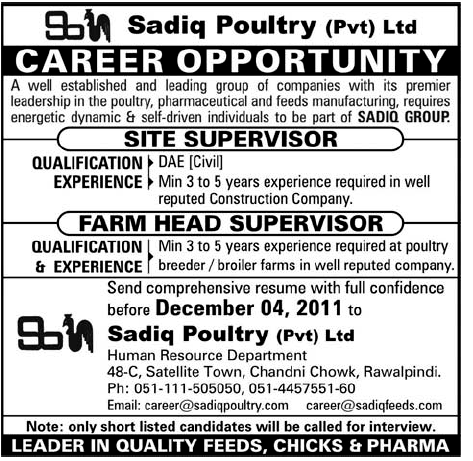 Sadiq Poultry Pvt Ltd. Required Site Supervisor and Farm Head Supervisor