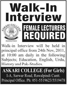 Askari College (For Girls) Rawalpindi Required Female Lecturers