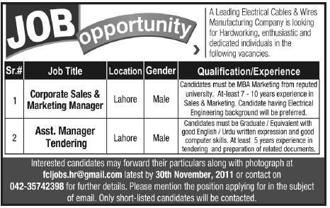 Electrical Cables & Wires Manufacturing Company Required Managers in Lahore