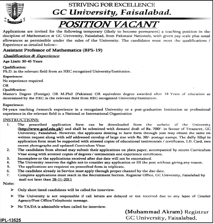 GC University, Faisalabad Job Opportunities