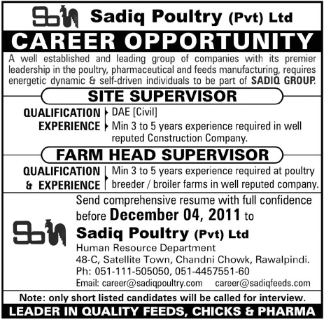 Sadiq Poultry Pvt Ltd. Required Site Supervisor and Farm Head Supervisor