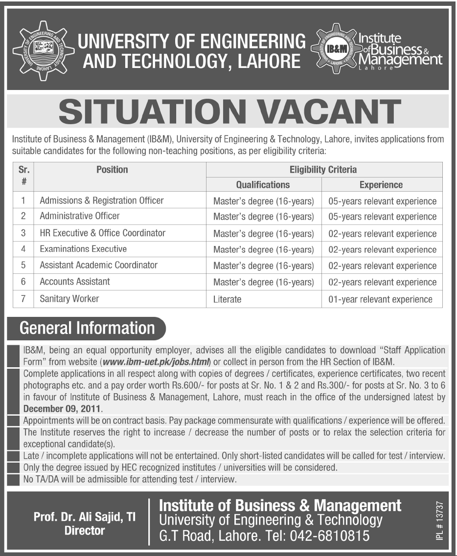 University of Engineering & Technology, Lahore Jobs Opportunity