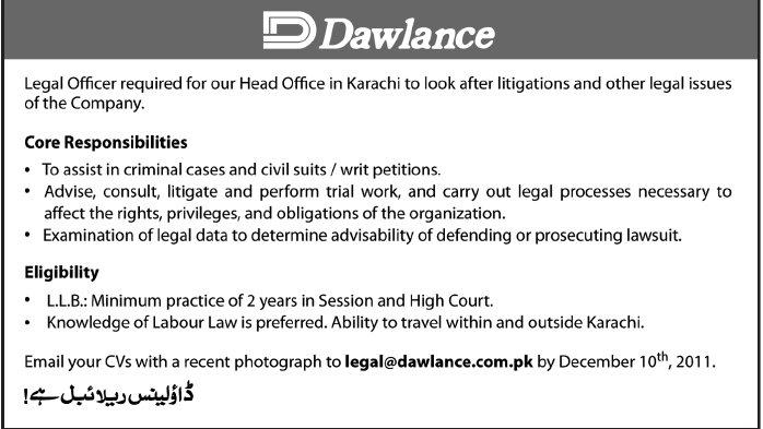 Dawlance Required Legal Officer