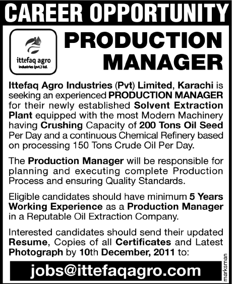 Ittefaq Agro Industries Pvt Ltd Karachi Required Production Manager