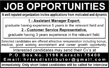 Assistant Manager Export and CSR Required in Karachi