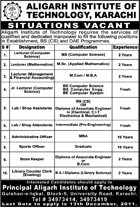 Aligarh Institute of Technology, Karachi Jobs Opportunity