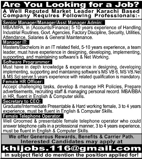 Managers and Supporting Staff Required in Karachi