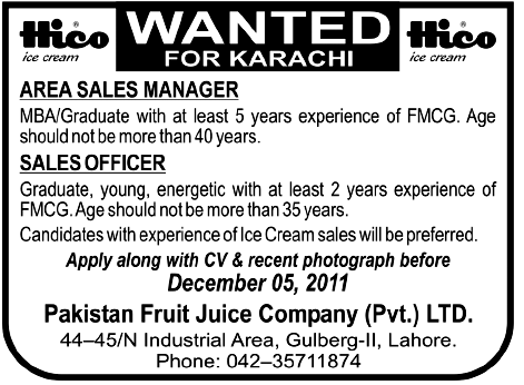Hico Ice Cream Required Area Sales Manager and Sales Officer