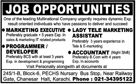Multinational Company in Karachi Required Staff