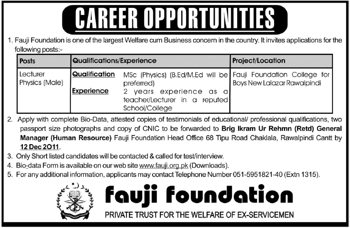 Fauji Foundation Required Lecturer Physics