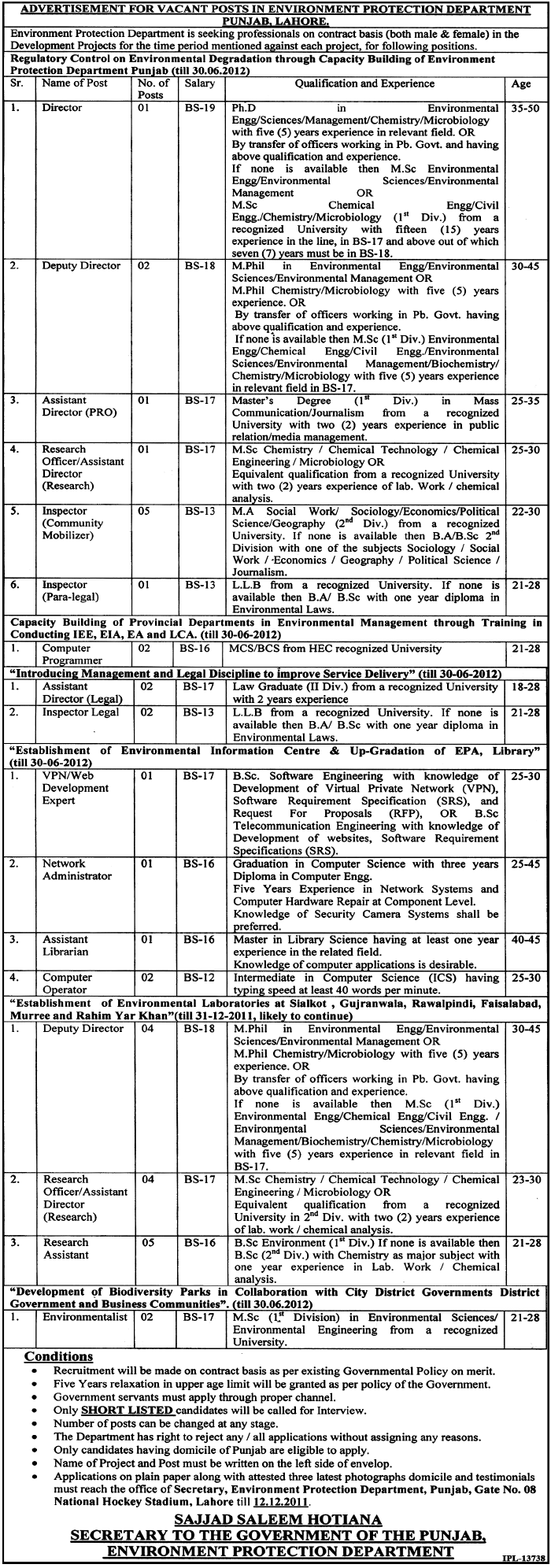 Environment Protection Department Punjab, Lahore Jobs Opportunity