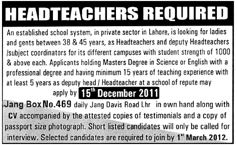 Head Teachers Required by a School System in Lahore
