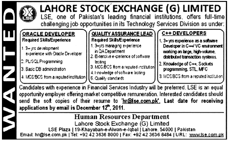 Lahore Stock Exchange Limited Required Staff