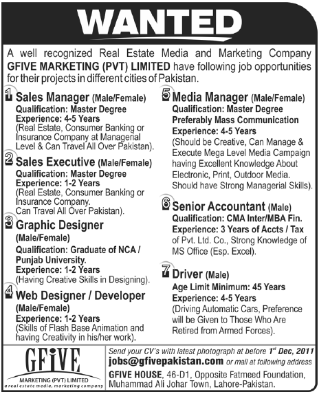 GFIVE Marketing Pvt Limited Required Staff