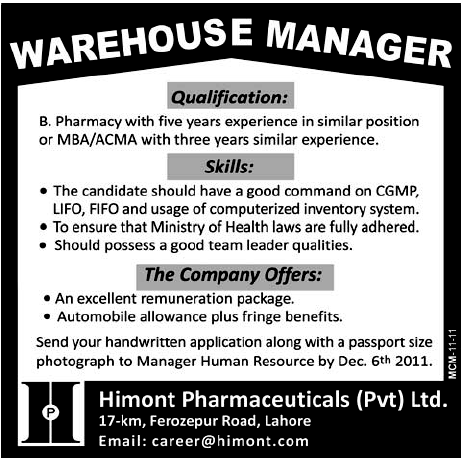 Warehouse Manager Required by Himont Pharmaceuticals Pvt Ltd.