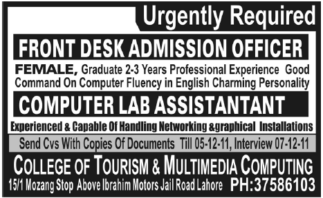 College of Tourism & Multimedia Computing, Lahore Required Staff