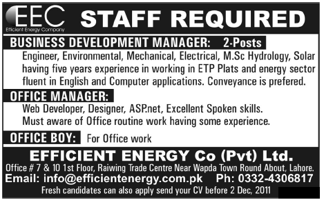 Efficient Energy Co Pvt Ltd. Lahore Required Staff