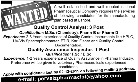 Quality Control Analysts and Quality Assurance Inspector Required by a Pharmaceutical Company