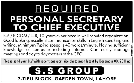 S.S Group Lahore Required Personal Secretary To Chief Executive