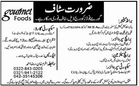 Gourmet Foods Lahore Required Staff