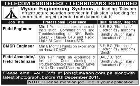 Myson Engineering Systems Required Engineers and Technicians