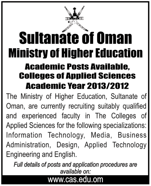 Sultanate Of Oman Ministry of Higher Education Required Faculty