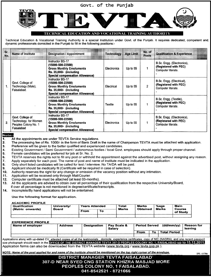 TEVTA Required Instructors for Faisalabad