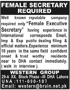 Female Secretary Required by Western Group Lahore