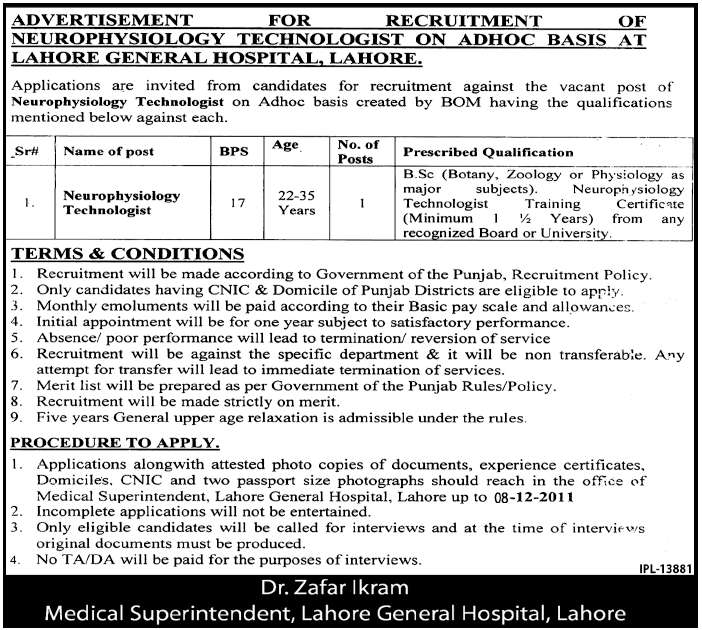 Lahore General Hospital Required Neurophysiology Technologist