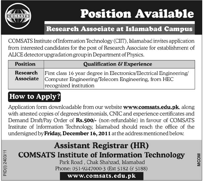 COMSATS Islamabad Required Research Associate
