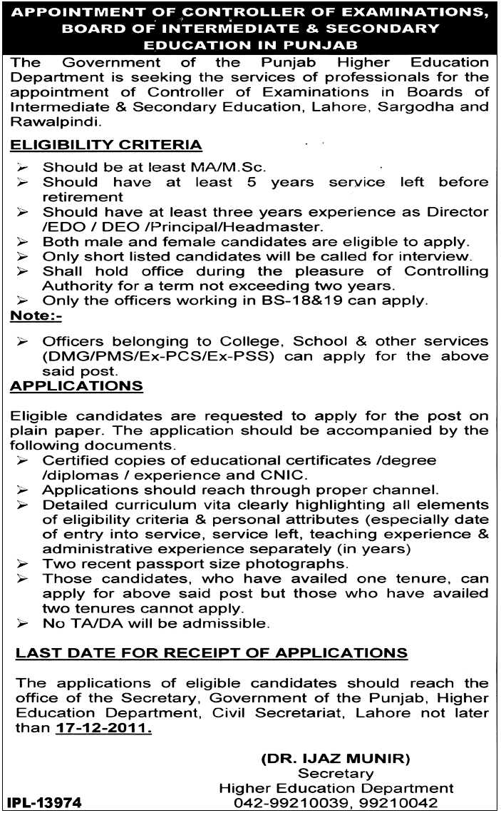 Board of Intermediate & Secondary Education in Punjab Required Controller of Examinations