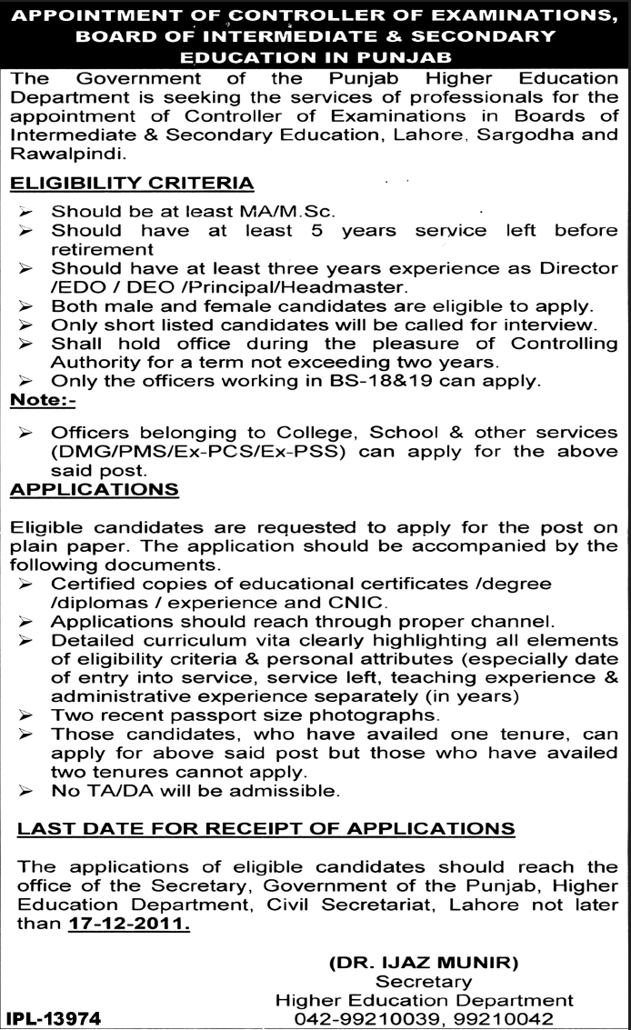 Board of Intermediate & Secondary Education in Punjab Required Controller of Examinations