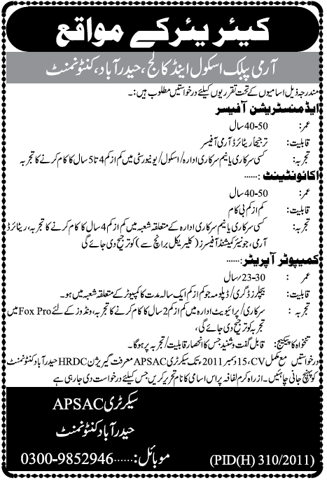 Army Public Schools & Colleges Hyderabad Cantt. Required Staff