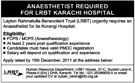 Anaesthetist Required for LRBT Karachi Hospital